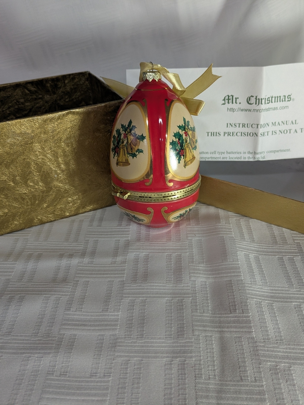 Vintage Mr. Christmas Musical Egg Ornament Red Holly Bells Boxed Hinged Trinket